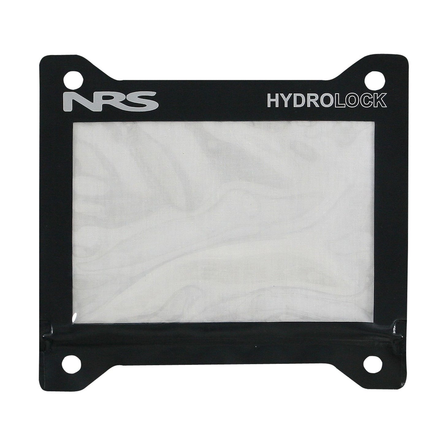 A black frame with the words NRS HydroLock Map Case and a clear urethane window for waterproof closure.
