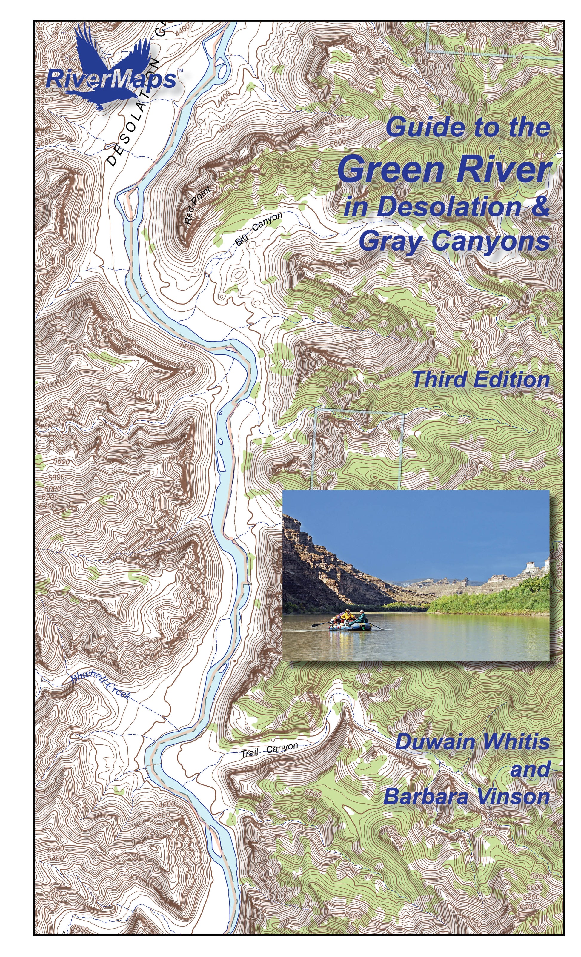 Rivermaps' "Guide to the Green River in Desolation and Gray Canyons" features a boating photo and is authored by Duwain Whitis and Barbara Vinson—ideal for Green River guides or any Avenza Map Bundle collection.