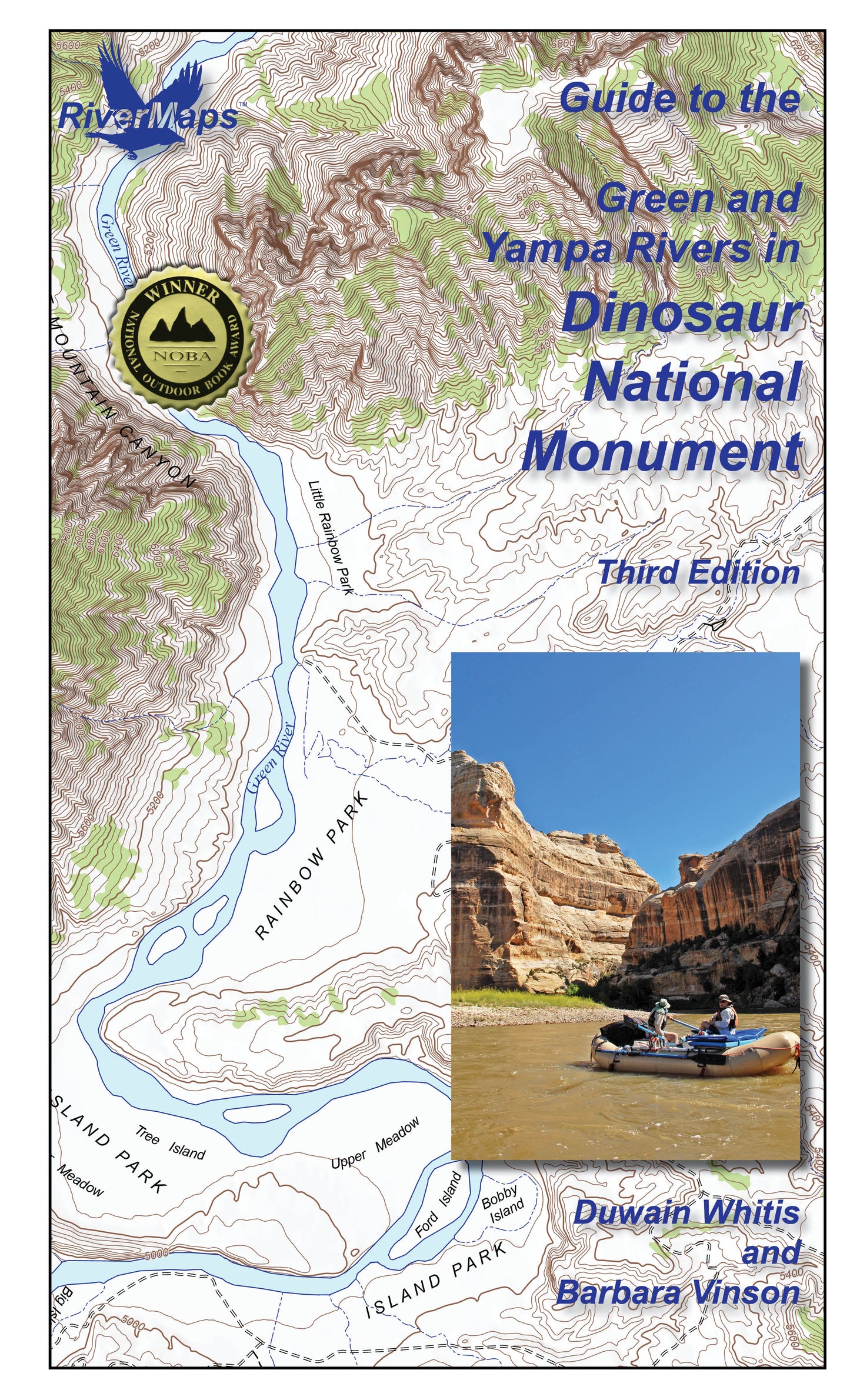 Rivermaps' "Guide to the Green and Yampa Rivers in Dinosaur National Monument" features a cover with a topographic map, gold emblem, and canyon rafting photo.