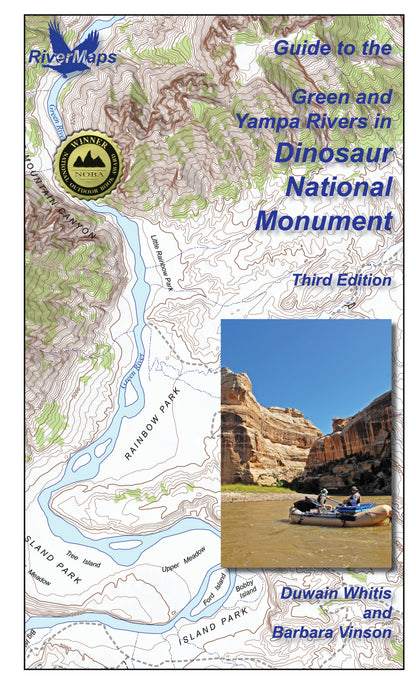 Rivermaps' "Guide to the Green and Yampa Rivers in Dinosaur National Monument" features a cover with a topographic map, gold emblem, and canyon rafting photo.